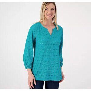 Susan Graver Women Top Sz XL Passport Knit Eyelet 3/4 Sleeve Green A600386